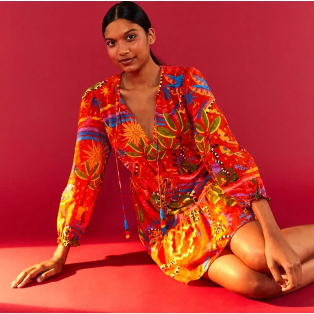 Farm Rio Magic Forest Cotton Mini Dress V-Neck Long Sleeve Beaded Tassels sz M - Picture 5 of 16